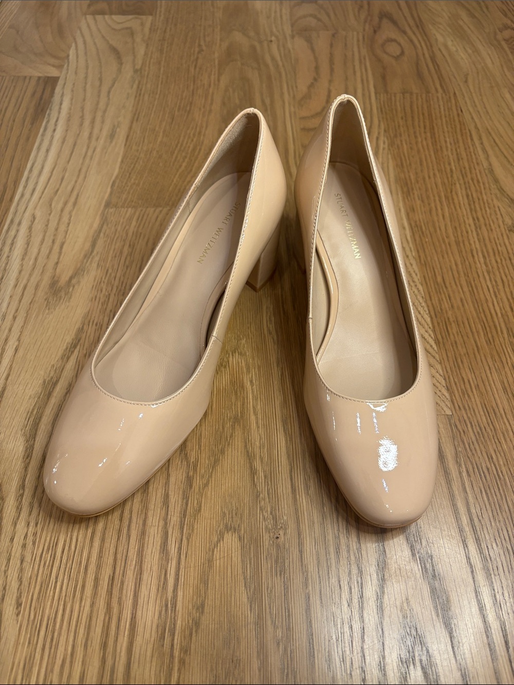 Stuart Weitzman Patent Leather Block Heel Pumps in Nude Blush